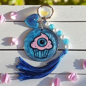 Blue and Pink Cupcake Keychain with Tassel